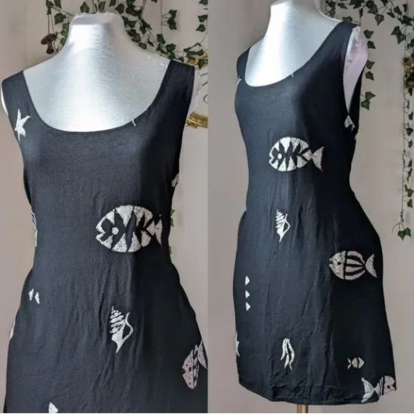 Connie Choi Vintage 90s Black Fish Print Mini Dress Hawaii Coastal Goth Retro L - Picture 1 of 5